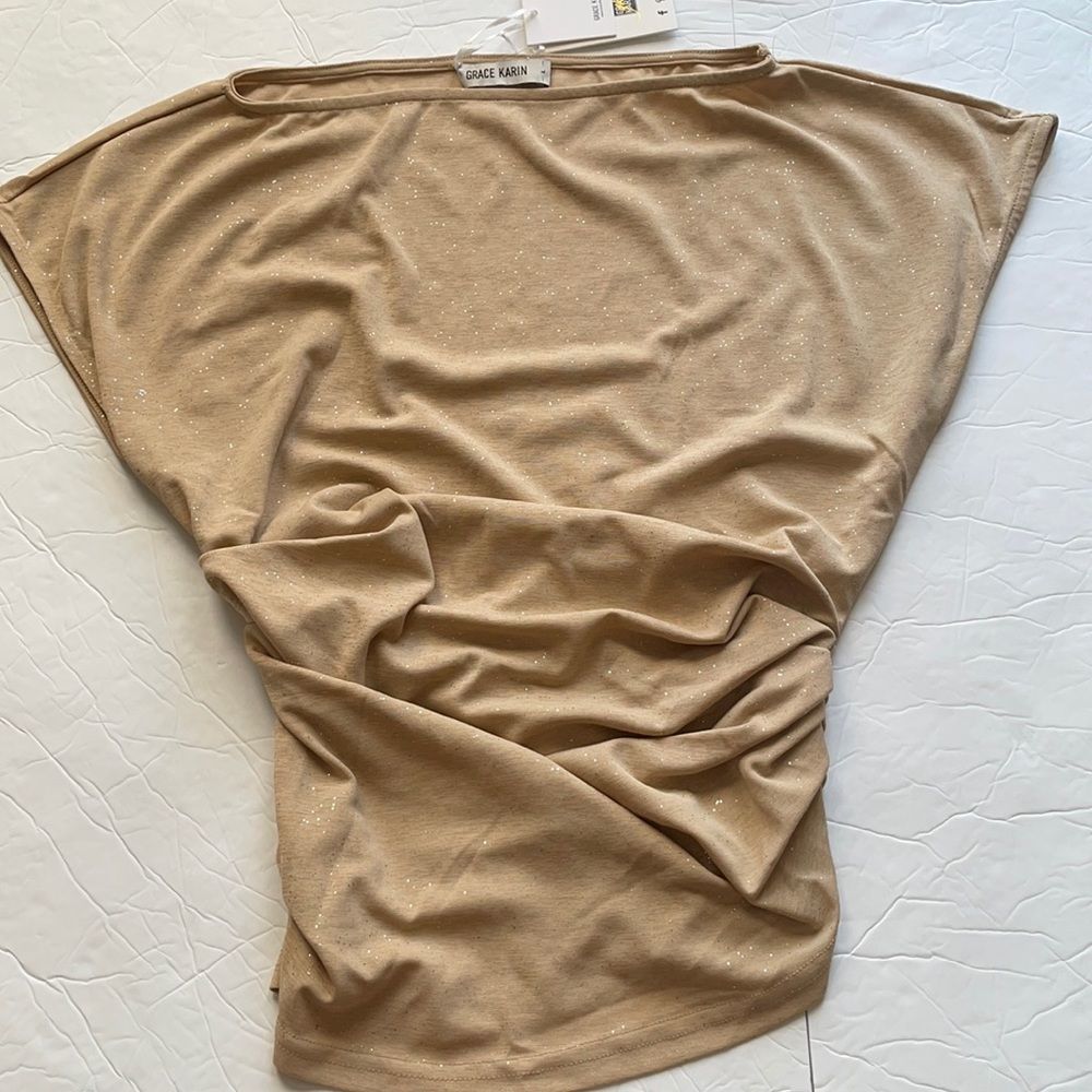 Grace Karin top, flowy with rouching at waist, tan with silver sparkles, size L